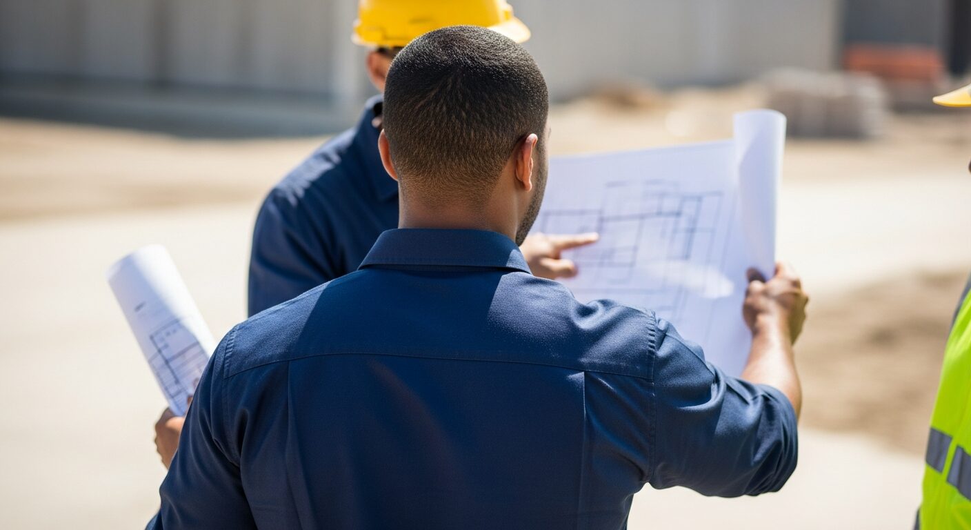 Construction Management Group Network professionals reviewing plans on a job site